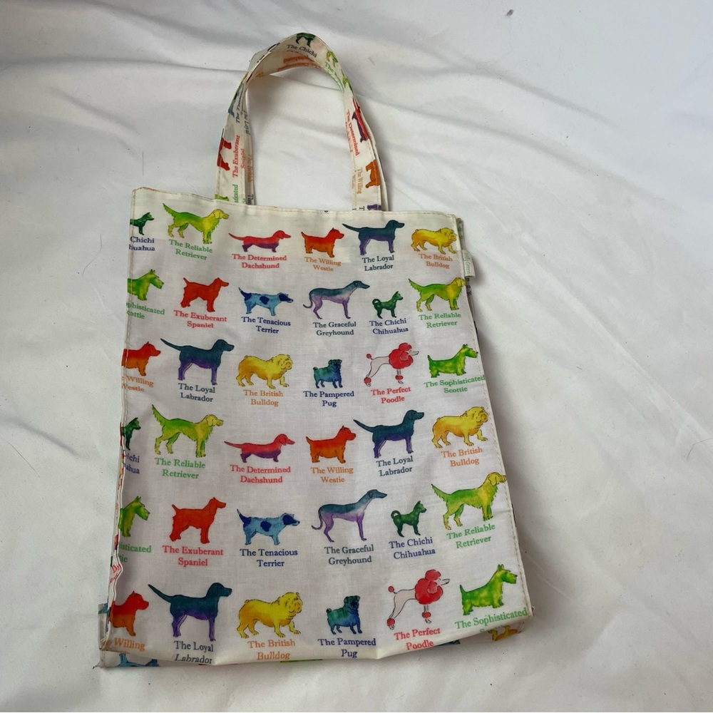 Milly Green Dog Print Tote Bag Top Handle White Red Blue Green Coated Canvas